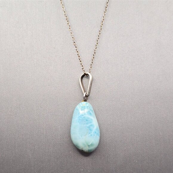 VTG Sterling Silver Larimar Pendant Necklace 18" Teardrop Signed F 6.79g - Picture 1 of 15